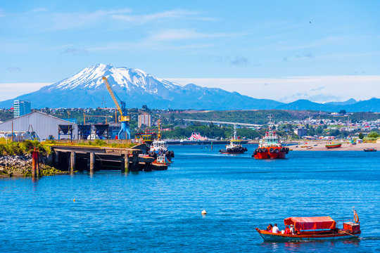 PUERTO MONTT, CHILE - JANUARY 12, 2018: View of the Osorno volcano. Copy space for text.