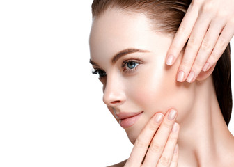 Beauty woman face with healthy skin lips natural makeup healthy fresh skin and hair isolated on...