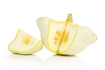 Group of one whole one slice of summer white pattypan squash isolated on white background