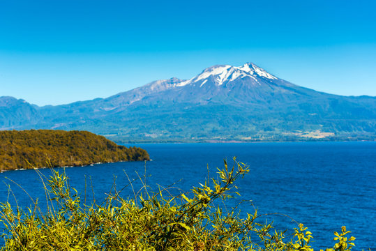 Landscape, Calbuco Volcano and Lake Llanquihue, Chile. Copy space for text.
