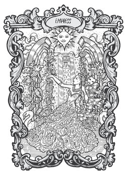 Empress. Major Arcana tarot card tarot card. The Magic Gate deck. Fantasy engraved vector illustration with occult mysterious symbols and esoteric concept
