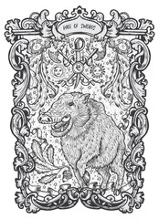 Page of swords. Minor Arcana tarot card. The Magic Gate deck. Fantasy engraved vector illustration with occult mysterious symbols and esoteric concept