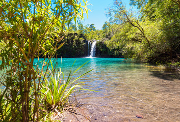 Obraz premium Salutos de Petrohue waterfalls, Puerto Varas, Chile. Copy space for text.