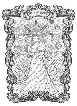 Queen of swords. Minor Arcana tarot card. The Magic Gate deck. Fantasy engraved vector illustration with occult mysterious symbols and esoteric concept