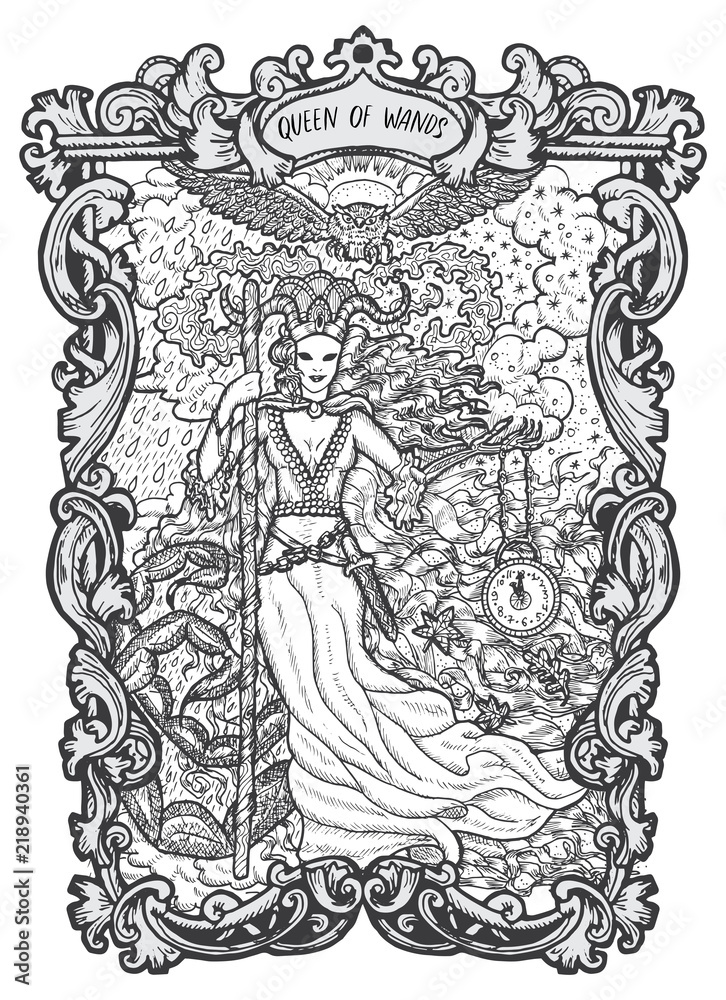 Wall mural Queen of wands. Minor Arcana tarot card. The Magic Gate deck. Fantasy engraved vector illustration with occult mysterious symbols and esoteric concept