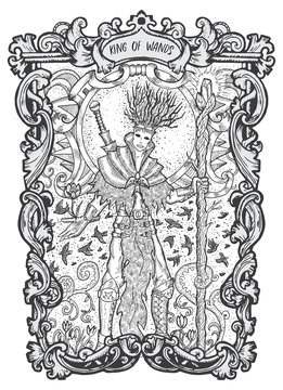 King of wands. Minor Arcana tarot card. The Magic Gate deck. Fantasy engraved vector illustration with occult mysterious symbols and esoteric concept