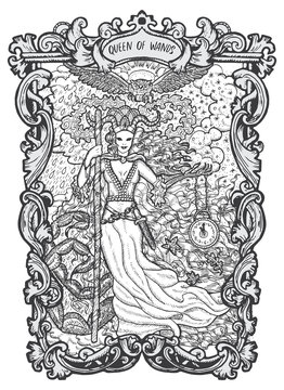 Queen of wands. Minor Arcana tarot card. The Magic Gate deck. Fantasy engraved vector illustration with occult mysterious symbols and esoteric concept