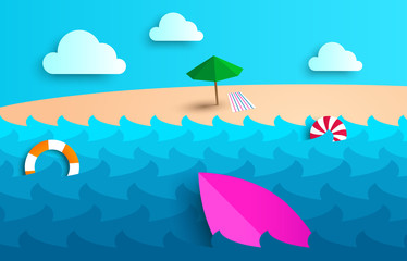 Beach background with umbrella, ball, swim ring and surfboard. Sea with waves. White clouds. Beach umbrella or parasol. Great summer. Vector illustration