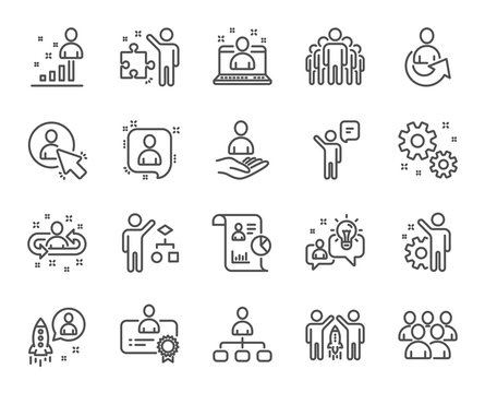 Management line icons. Set of Business audit, Startup strategy and Employees linear icons. Business strategy, Startup and Teamwork symbols. Organization management, report and Group algorithm signs