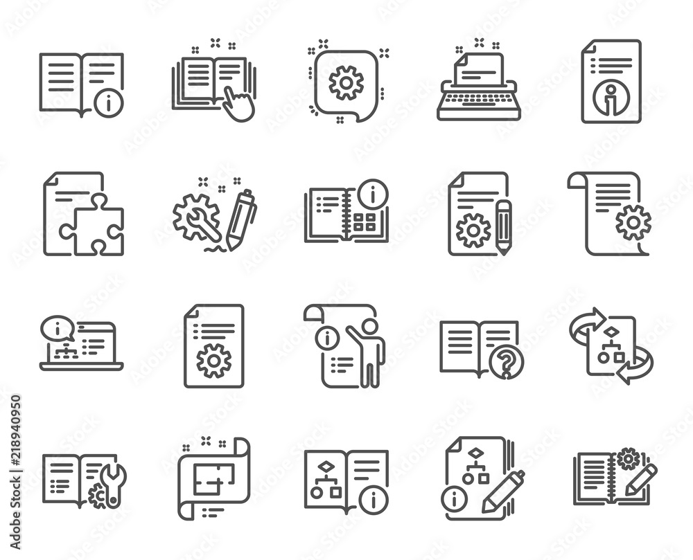 Aufkleber technical documentation line icons. set of instruction, plan and manual linear icons. help documents