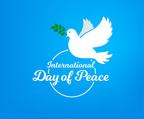 International day of peace. Concept illustration with dove of Peace day. Olive branch. Vector blue background.