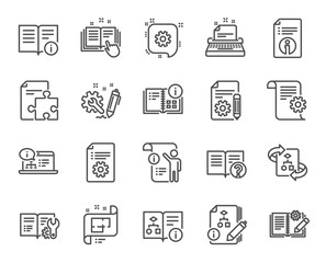 Technical Documentation line icons. Set of Instruction, Plan and Manual linear icons. Help documents, Building plan and Algorithm symbols. Technical blueprint, Engineering and Work tool signs. Vector