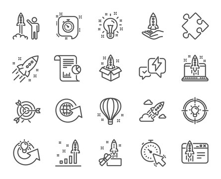 Startup line icons. Set of Launch Project, Business report and Target linear icons. Strategy, Development plan and Space rocket symbols. Air balloon, Out of the Box and Business innovation. Vector