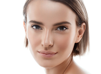 Fototapeta premium Beauty woman skin care face healthy blonde short hair and skin natural makeup isolated on white