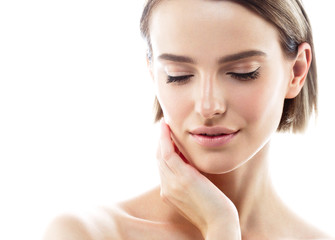 Beauty woman skin care face healthy blonde short hair and skin natural makeup isolated on white