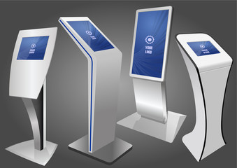 Four Promotional Interactive Information Kiosk, Advertising Display, Terminal Stand, Touch Screen Display. Mock Up Template.
