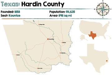 Detailed map of Hardin county in Texas, USA.