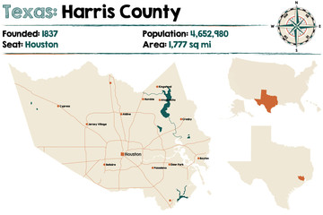 Obraz premium Detailed map of Harris county in Texas, USA.