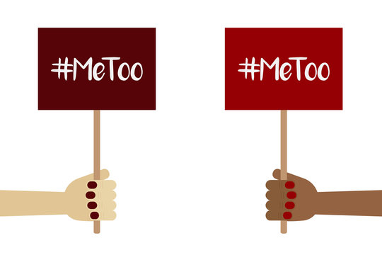 Me too movement flat design vector illustration with women holding banners, posters with me too hashtag in hands.