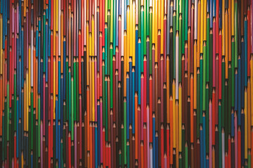 Colorful pencil wall creative background as backdrop or wallpaper for design. Many multicolored pencils pattern