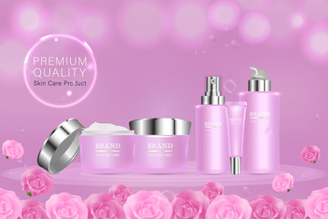 Beauty product, pink cosmetic containers with advertising background ready to use, luxury skin care ad, illustration vector.	