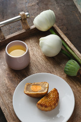 Moon cakes are offered to friends or on family gathering during the mid-autumn festiva. Mooncake and tea 