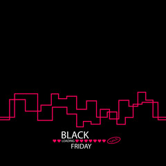 Fototapeta premium Black Friday in the City the Perfect Sale. White Ribbon Banner in Flat Style on a Black Background with an Abstract City Skyline with Loading heartsBar. Vector Illustration