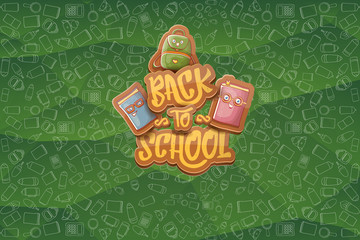 Back to school vector horizntal background template or banner with funny cartoon supplies like pencil ,book, bag, eraser and space for text. Vector back to school label