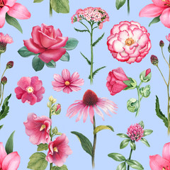 Watercolor illustrations of pink flowers. Seamless pattern