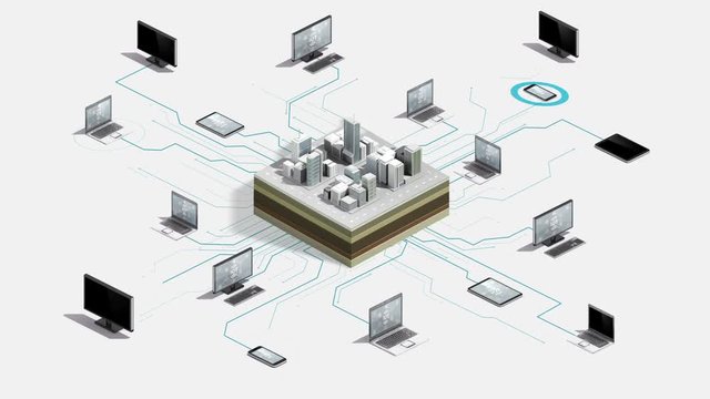 Smart city connect Internet of things server system. 4k animation. 