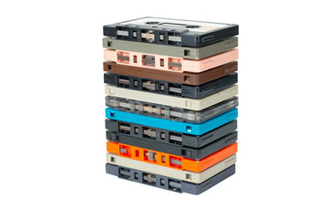 Cassette tapes stack ,side view. Obsolete technology of audio recording and playback format audio...