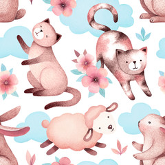 Watercolor illustrations of cats, sheep, bunny and flowers. Seamless pattern