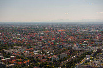 Fototapeta premium View of Munich city in Germany from Olympic tower. Landscape of Munich during summer with blue sky.