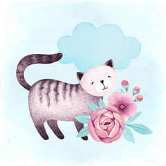 Obrazy  Akwarela ilustracja kota i kwiatów