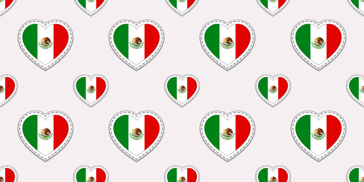 Mexico flag seamless pattern. Vector Mexican flags stickers. Love hearts symbols. Texture for language courses, sports pages, travel, school geographic, design element. Patriotic wallpaper