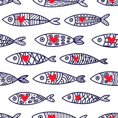 Lovers of fish. Cute vector line seamless pattern. Endless pattern can be used for ceramic tile, wallpaper, linoleum, textile, web page background.