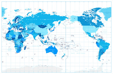 Pacific Centered World Map In Colors of Blue