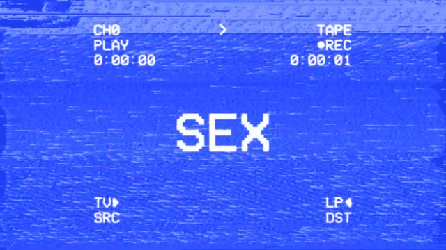 An old damaged VHS tape tracking a bad signal coming from a double deck, with the text Sex. Cool retro vintage background for modern videos.
