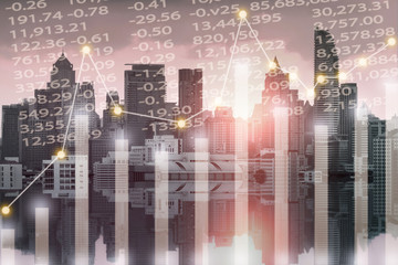 Business stock market graphic info background with city skyline.