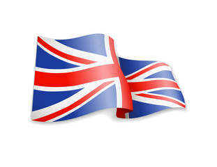 Waving United Kingdom flag on white background.