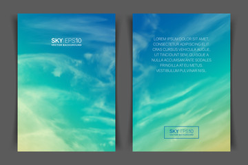 Two-sided vertical flyer of a4 format with realistic turquoise-yellow sky and spindrift clouds. The image can be used to design a banner, poster and postcard