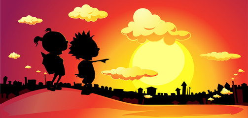 Naklejka premium banner winter town landscape sunrise back to school - vector flat design illustration