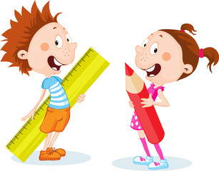 back to school student, girl and boy hold school supplies - ruler and pen - vector  flat design