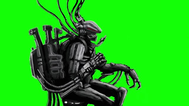 Alien astronaut sits in the chair of management. Sci-fi character in profile. Green screen.