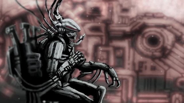 Cyborg pilot sits and manages the ship. Science fiction original character animation