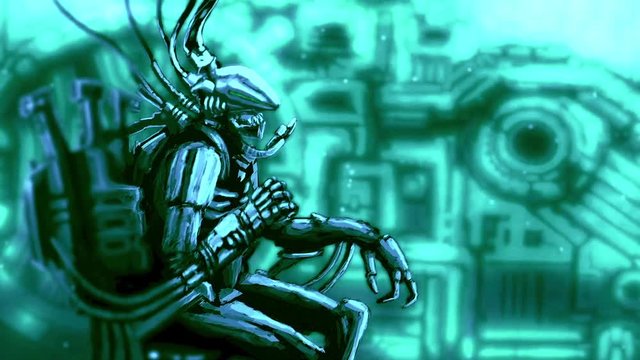 Alien astronaut sits in chair of management. 2D animation horror fiction genre. Sci-fi character in profile video clip. Gloomy animated short film. Scary character from nightmares. Motion graphics.
