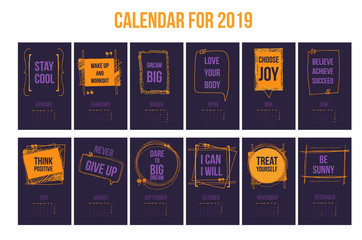 Calendar with inspiring quotes 2019, Bright colorful year template