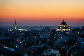 Naklejka premium Belgrade, Serbia - April 10, 2017: Belgrade panorama with the temple of St. Sava by night