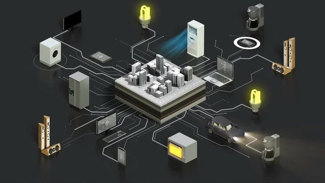 Smart city connecting Smart home appliances automation technology,  Internet of things, 4k animation. gray back.
