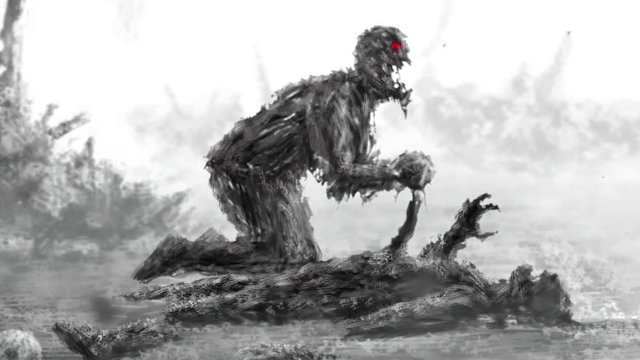Angry zombie sits and eats its prey.  Scary monster character profile. Dark 2d animation. Horror fantasy genre. Scary animated backdrop movie. Spooky Halloween. Motion graphics for Vj loop video clip.